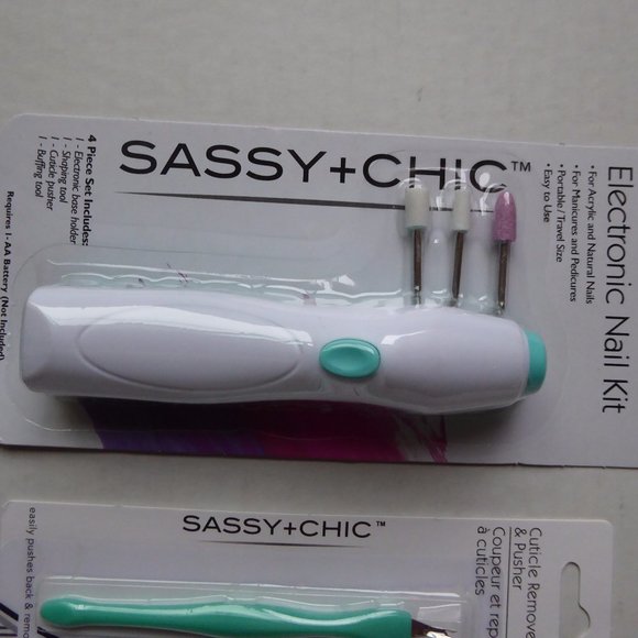 SASSY+CHIC SET OT 2 : ELECTRONIC NAIL KIT+CUTICLE REMOVER & PUSHER , NEW, SEALED - Picture 2 of 5